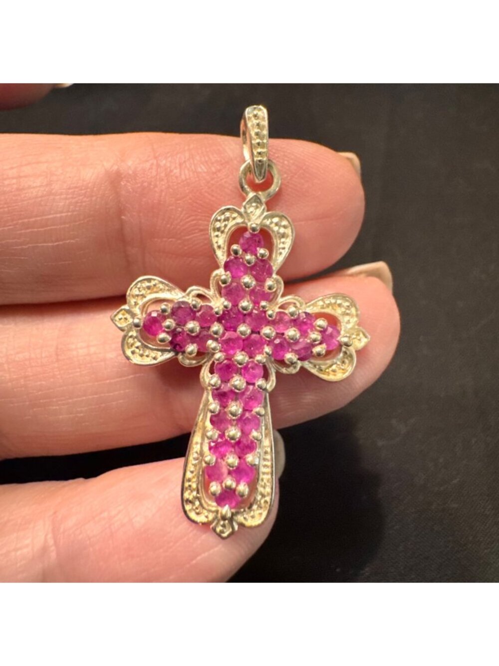 Solid Sterling Silver 925 Ruby Pavé Set Cross Pendant Size 1.5" Length